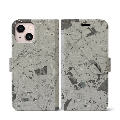 【赤池（愛知県）】地図柄iPhoneケース（手帳タイプ）モノトーン・iPhone 13 mini 用