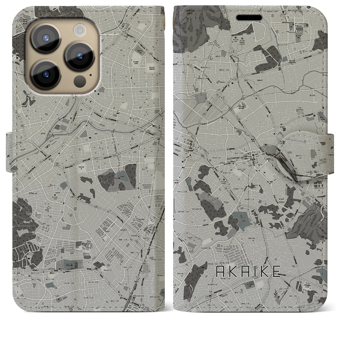 【赤池】地図柄iPhoneケース（手帳両面タイプ・モノトーン）iPhone 14 Pro Max 用
