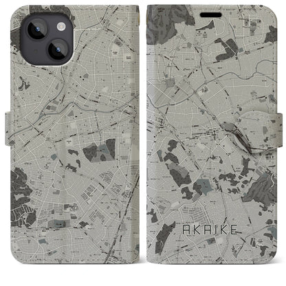 【赤池（愛知県）】地図柄iPhoneケース（手帳タイプ）モノトーン・iPhone 14 Plus 用