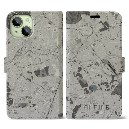 【赤池（愛知県）】地図柄iPhoneケース（手帳タイプ）モノトーン・iPhone 15 用