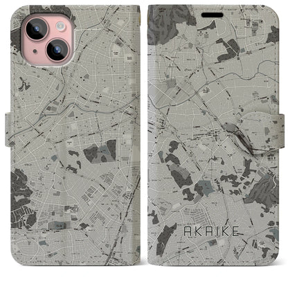 【赤池（愛知県）】地図柄iPhoneケース（手帳タイプ）モノトーン・iPhone 15 Plus 用