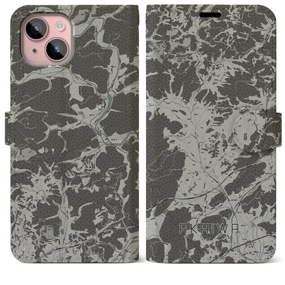 【赤磐（岡山県）】地図柄iPhoneケース（手帳タイプ）モノトーン・iPhone 15 Plus 用