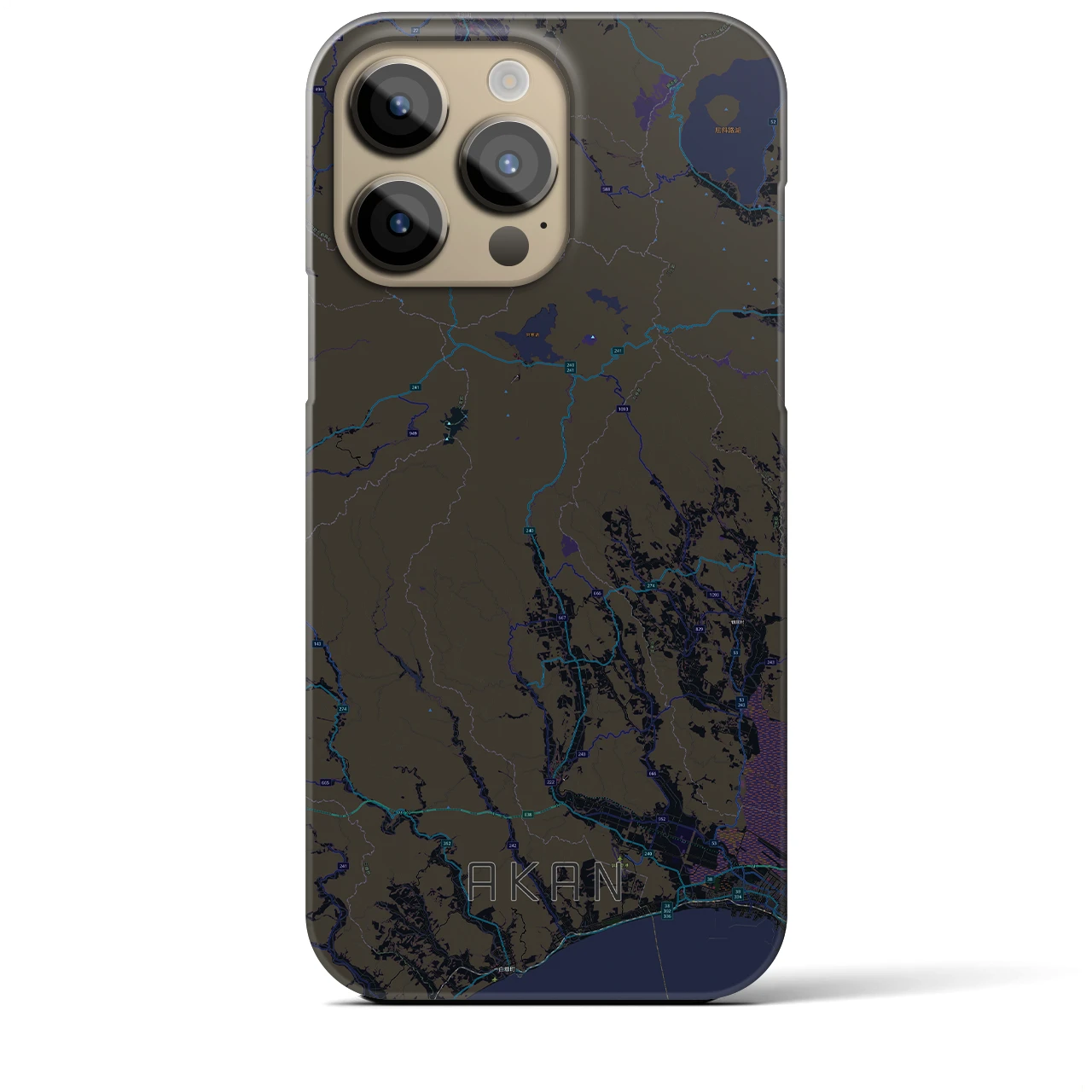 【阿寒】地図柄iPhoneケース（バックカバータイプ・ブラック）iPhone 14 Pro Max 用