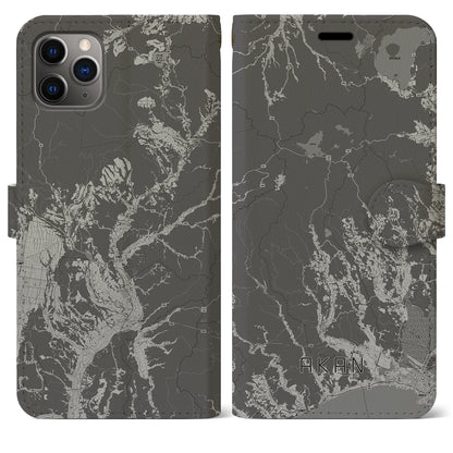 【阿寒（北海道）】地図柄iPhoneケース（手帳タイプ）モノトーン・iPhone 11 Pro Max 用