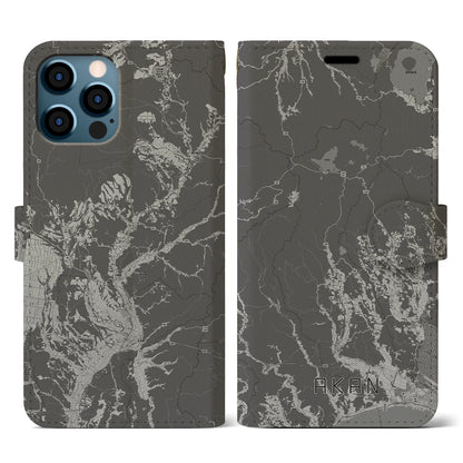 【阿寒（北海道）】地図柄iPhoneケース（手帳タイプ）モノトーン・iPhone 12 / 12 Pro 用