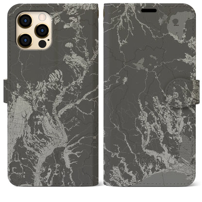 【阿寒（北海道）】地図柄iPhoneケース（手帳タイプ）モノトーン・iPhone 12 Pro Max 用