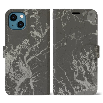 【阿寒（北海道）】地図柄iPhoneケース（手帳タイプ）モノトーン・iPhone 13 用
