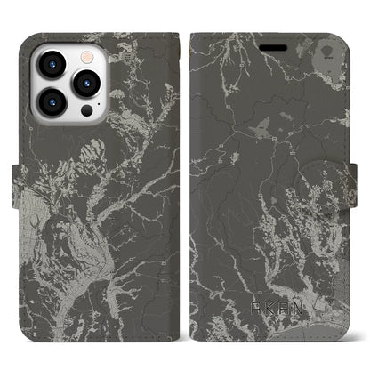【阿寒（北海道）】地図柄iPhoneケース（手帳タイプ）モノトーン・iPhone 13 Pro 用