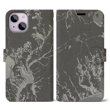 【阿寒（北海道）】地図柄iPhoneケース（手帳タイプ）モノトーン・iPhone 14 用