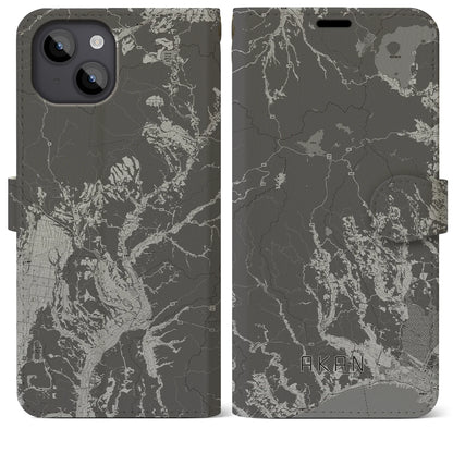 【阿寒（北海道）】地図柄iPhoneケース（手帳タイプ）モノトーン・iPhone 14 Plus 用