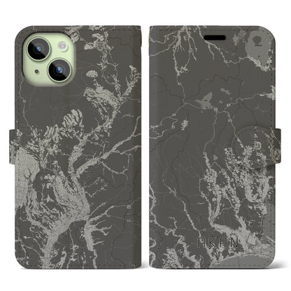 【阿寒（北海道）】地図柄iPhoneケース（手帳タイプ）モノトーン・iPhone 15 用