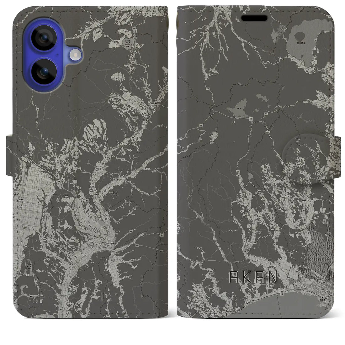 【阿寒(北海道)】地図柄iPhoneケース(手帳タイプ)モノトーン・iPhone 16 Pro Max 用