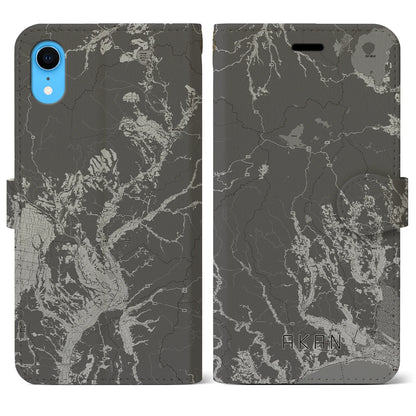【阿寒（北海道）】地図柄iPhoneケース（手帳タイプ）モノトーン・iPhone XR 用