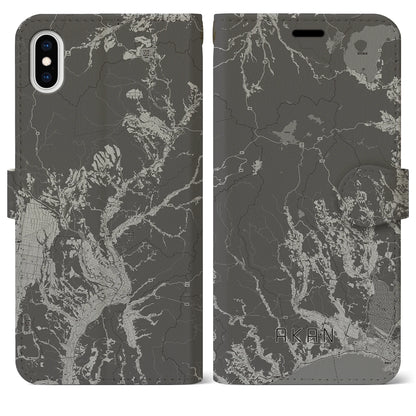 【阿寒（北海道）】地図柄iPhoneケース（手帳タイプ）モノトーン・iPhone XS Max 用