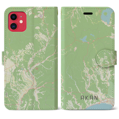 【阿寒（北海道）】地図柄iPhoneケース（手帳タイプ）ナチュラル・iPhone 11 用