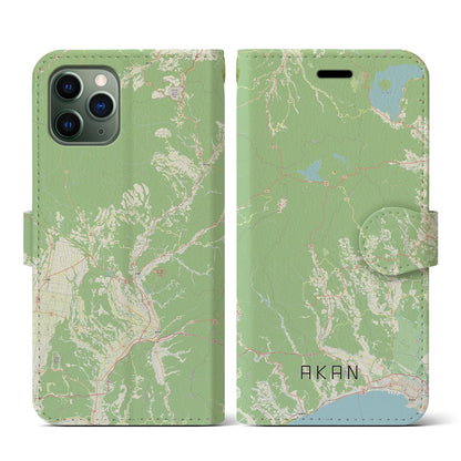 【阿寒（北海道）】地図柄iPhoneケース（手帳タイプ）ナチュラル・iPhone 11 Pro 用