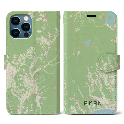 【阿寒（北海道）】地図柄iPhoneケース（手帳タイプ）ナチュラル・iPhone 12 / 12 Pro 用