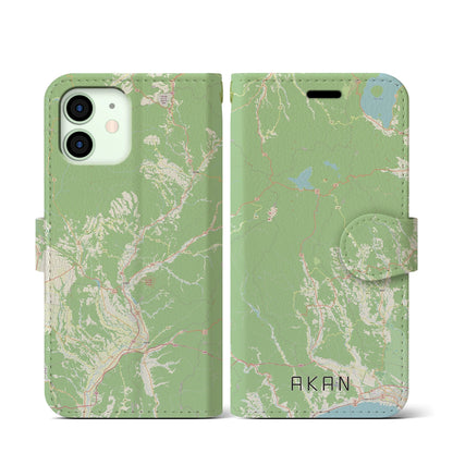 【阿寒（北海道）】地図柄iPhoneケース（手帳タイプ）ナチュラル・iPhone 12 mini 用