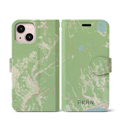 【阿寒（北海道）】地図柄iPhoneケース（手帳タイプ）ナチュラル・iPhone 13 mini 用