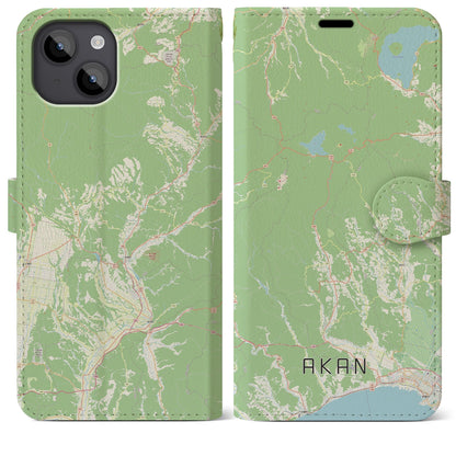 【阿寒（北海道）】地図柄iPhoneケース（手帳タイプ）ナチュラル・iPhone 14 Plus 用