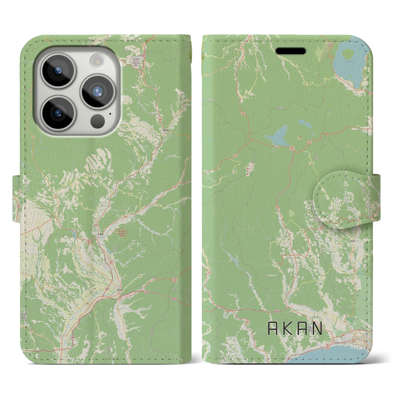 【阿寒】地図柄iPhoneケース（手帳両面タイプ・ナチュラル）iPhone 15 Pro 用