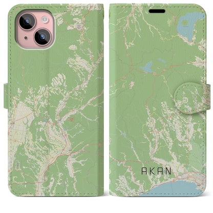 【阿寒（北海道）】地図柄iPhoneケース（手帳タイプ）ナチュラル・iPhone 15 Plus 用