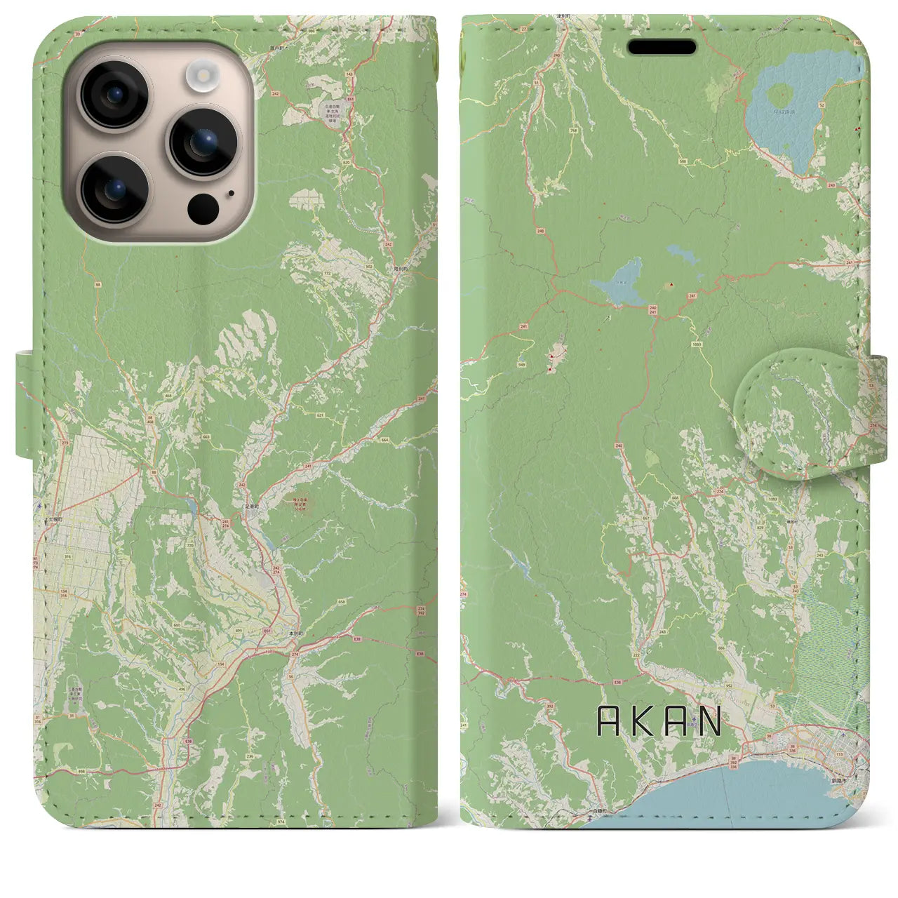 【阿寒（北海道）】地図柄iPhoneケース（手帳タイプ）ナチュラル・iPhone 16 Plus 用