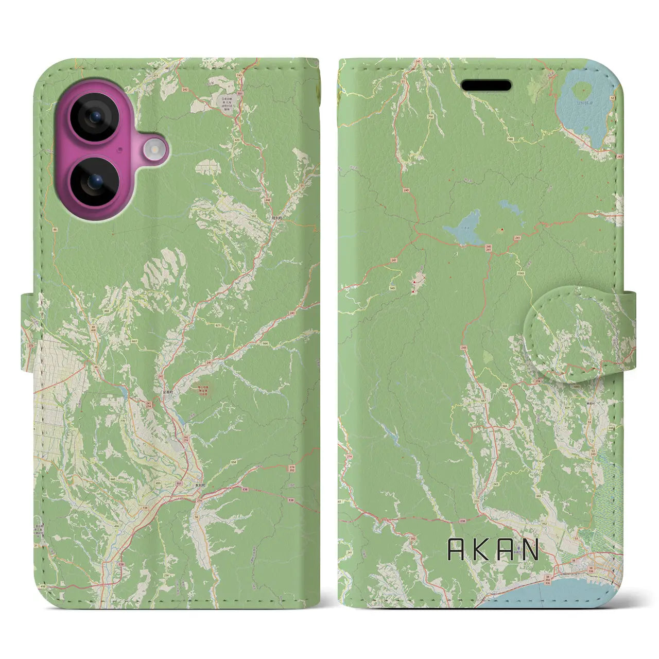 【阿寒（北海道）】地図柄iPhoneケース（手帳タイプ）ナチュラル・iPhone 16 Pro 用