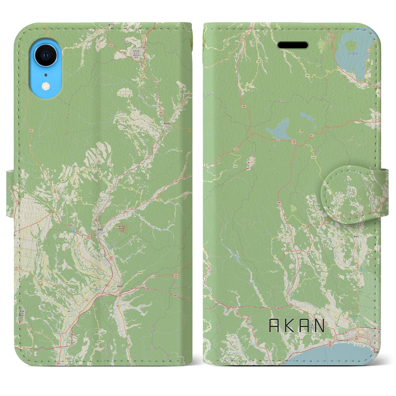 【阿寒】地図柄iPhoneケース（手帳両面タイプ・ナチュラル）iPhone XR 用