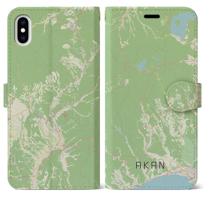 【阿寒（北海道）】地図柄iPhoneケース（手帳タイプ）ナチュラル・iPhone XS Max 用