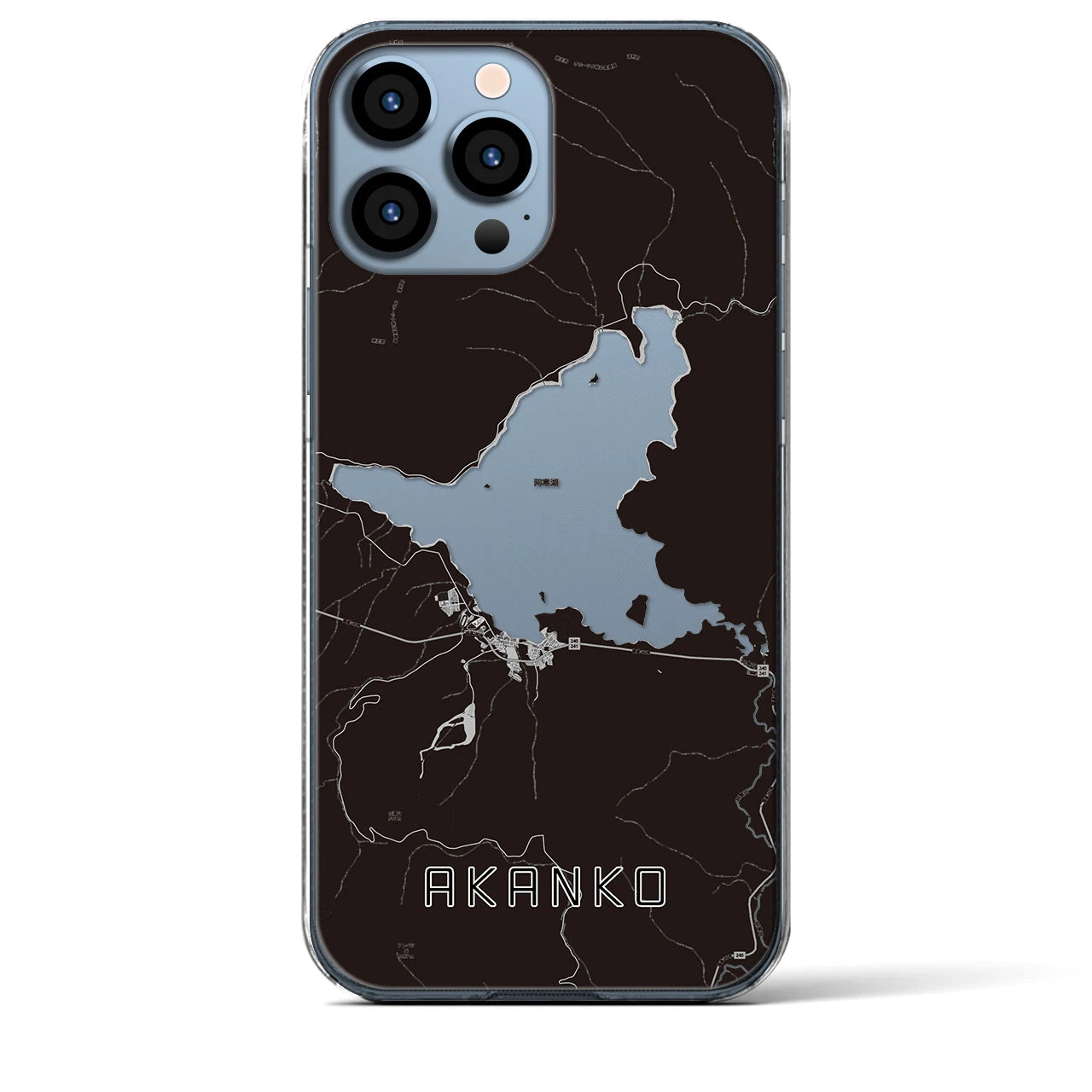 【阿寒湖（北海道）】地図柄iPhoneケース（クリアタイプ）モノトーン・iPhone 13 Pro Max 用