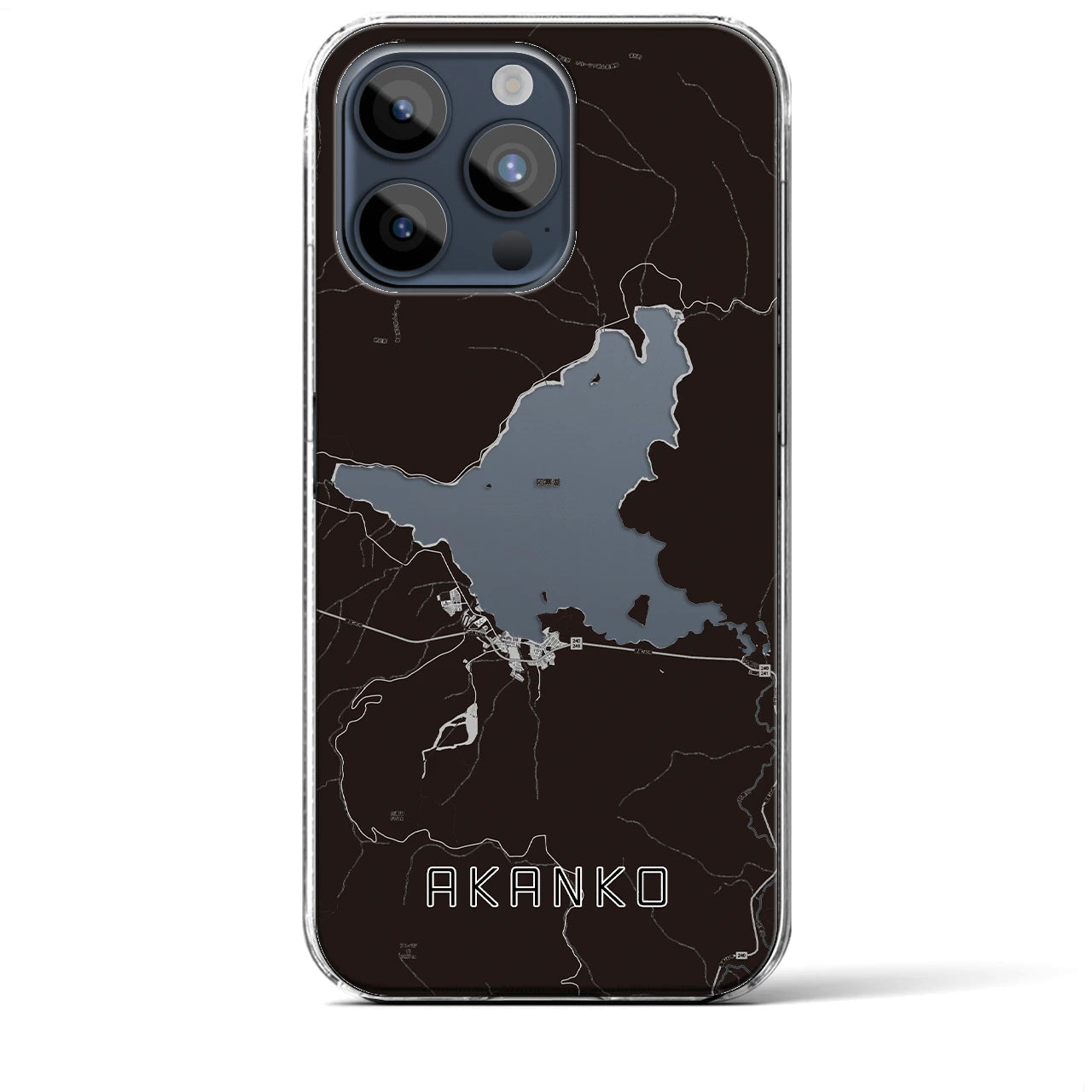 【阿寒湖（北海道）】地図柄iPhoneケース（クリアタイプ）モノトーン・iPhone 15 Pro Max 用