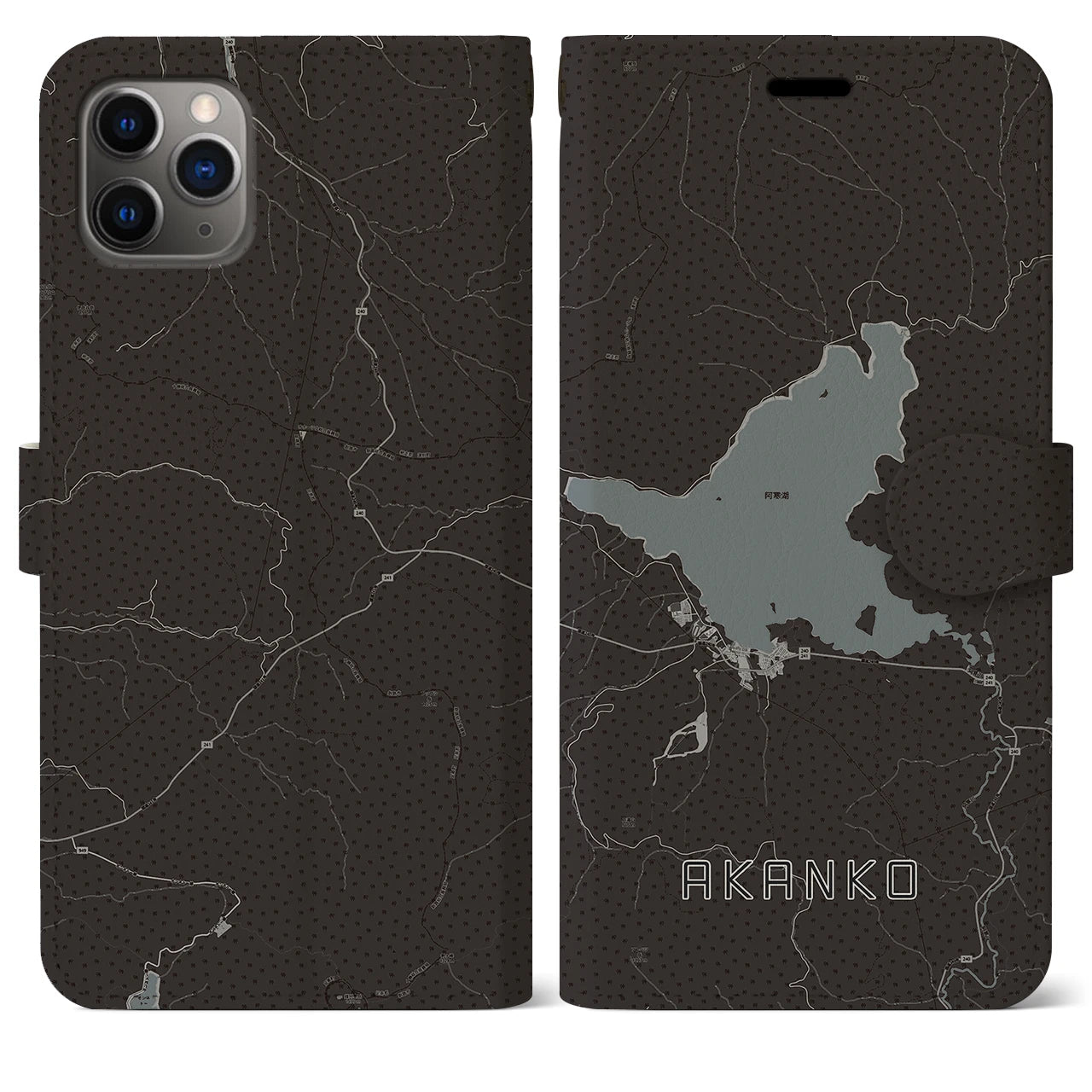 【阿寒湖】地図柄iPhoneケース（手帳両面タイプ・モノトーン）iPhone 11 Pro Max 用