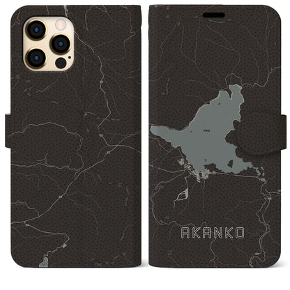 【阿寒湖（北海道）】地図柄iPhoneケース（手帳タイプ）モノトーン・iPhone 12 Pro Max 用