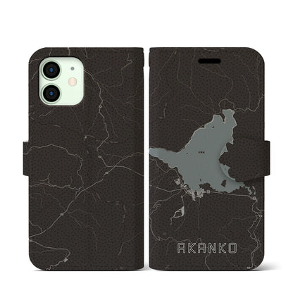 【阿寒湖（北海道）】地図柄iPhoneケース（手帳タイプ）モノトーン・iPhone 12 mini 用