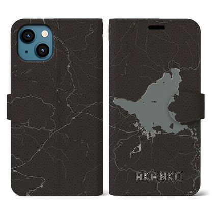 【阿寒湖（北海道）】地図柄iPhoneケース（手帳タイプ）モノトーン・iPhone 13 用