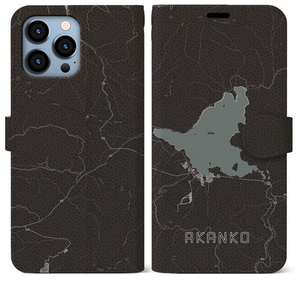 【阿寒湖（北海道）】地図柄iPhoneケース（手帳タイプ）モノトーン・iPhone 13 Pro Max 用