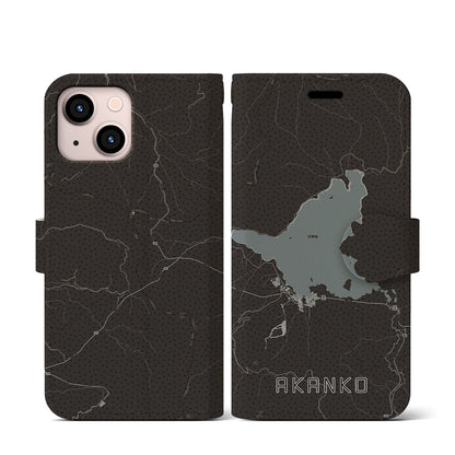 【阿寒湖（北海道）】地図柄iPhoneケース（手帳タイプ）モノトーン・iPhone 13 mini 用