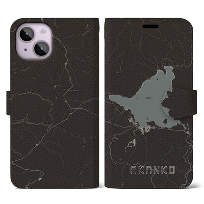 【阿寒湖（北海道）】地図柄iPhoneケース（手帳タイプ）モノトーン・iPhone 14 用