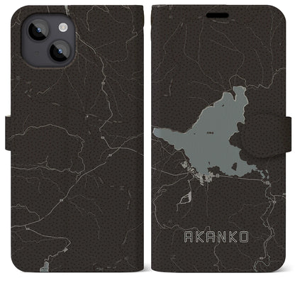 【阿寒湖（北海道）】地図柄iPhoneケース（手帳タイプ）モノトーン・iPhone 14 Plus 用