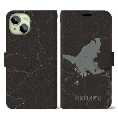 【阿寒湖（北海道）】地図柄iPhoneケース（手帳タイプ）モノトーン・iPhone 15 用