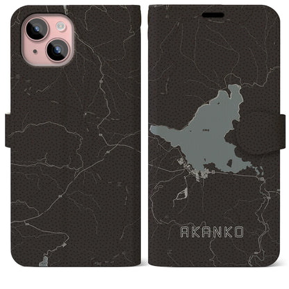 【阿寒湖（北海道）】地図柄iPhoneケース（手帳タイプ）モノトーン・iPhone 15 Plus 用