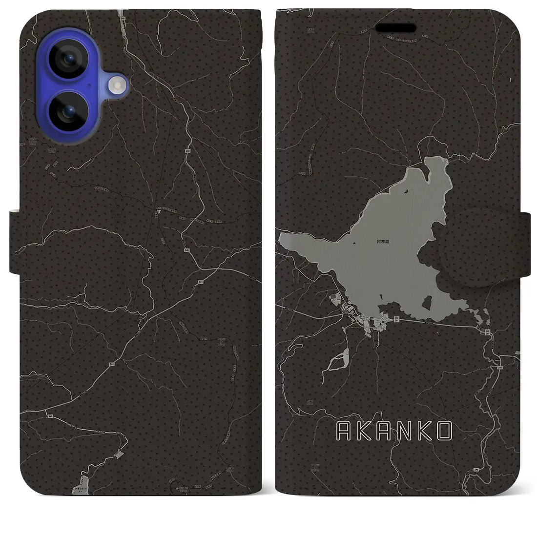 【阿寒湖(北海道)】地図柄iPhoneケース(手帳タイプ)モノトーン・iPhone 16 Pro Max 用