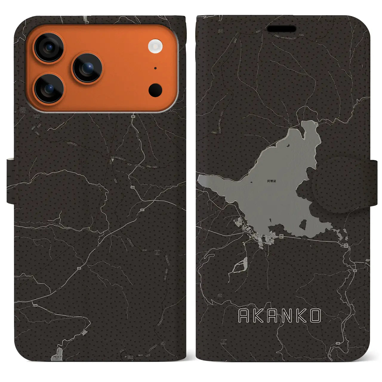 【阿寒湖（北海道）】地図柄iPhoneケース（手帳タイプ）