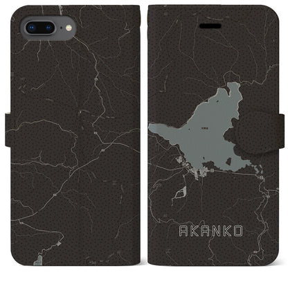 【阿寒湖（北海道）】地図柄iPhoneケース（手帳タイプ）モノトーン・iPhone 8Plus /7Plus / 6sPlus / 6Plus 用