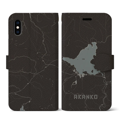 【阿寒湖（北海道）】地図柄iPhoneケース（手帳タイプ）モノトーン・iPhone XS / X 用