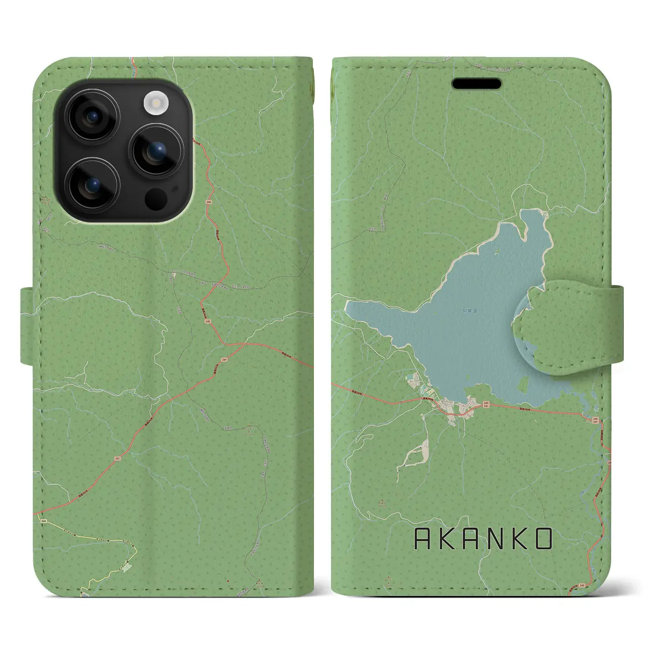 【阿寒湖（北海道）】地図柄iPhoneケース（手帳タイプ）ナチュラル・iPhone 16 用