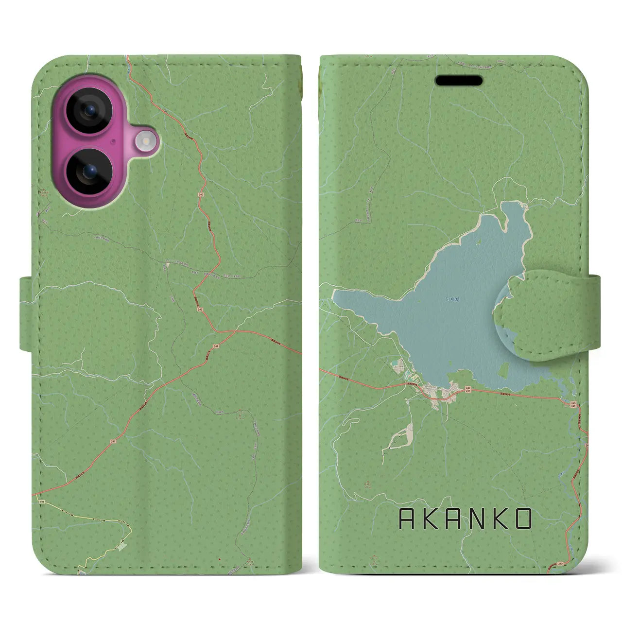 【阿寒湖（北海道）】地図柄iPhoneケース（手帳タイプ）ナチュラル・iPhone 16 Pro 用