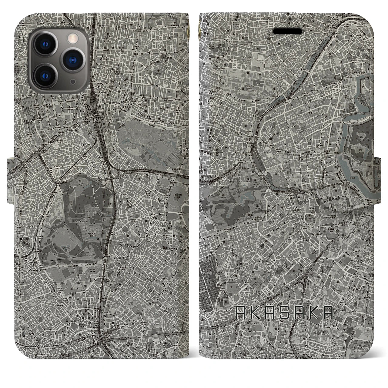 【赤坂】地図柄iPhoneケース（手帳両面タイプ・モノトーン）iPhone 11 Pro Max 用