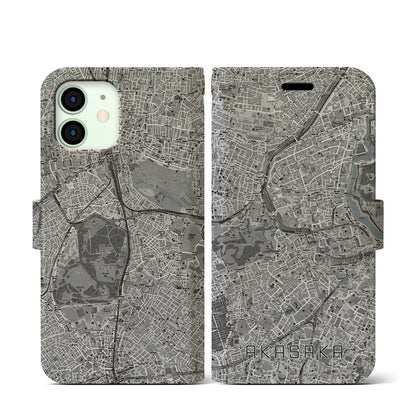 【赤坂（東京都）】地図柄iPhoneケース（手帳タイプ）モノトーン・iPhone 12 mini 用